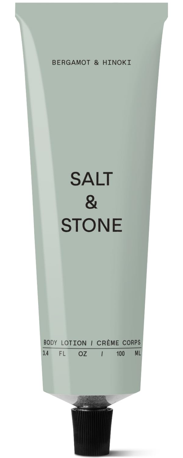 Salt & Stone front packaging showing bergamot hinoki scent and travel-friendly size