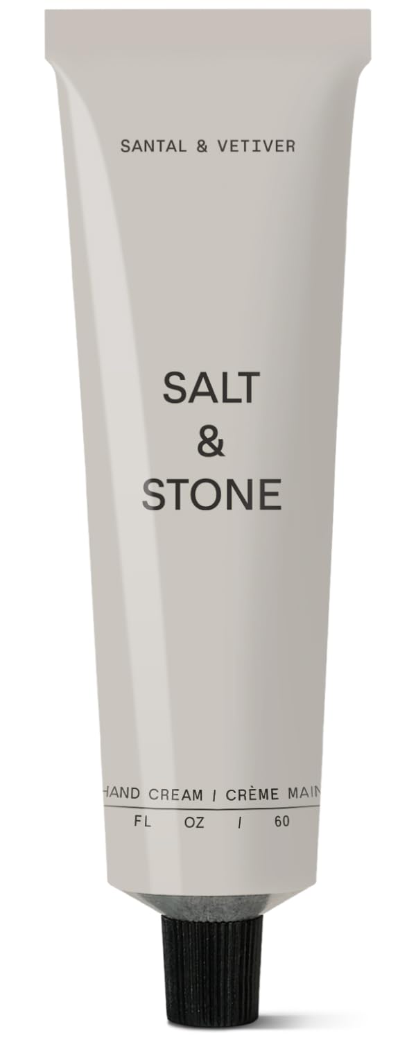 Salt & Stone hand cream front tube showing packaging and compact design benefits