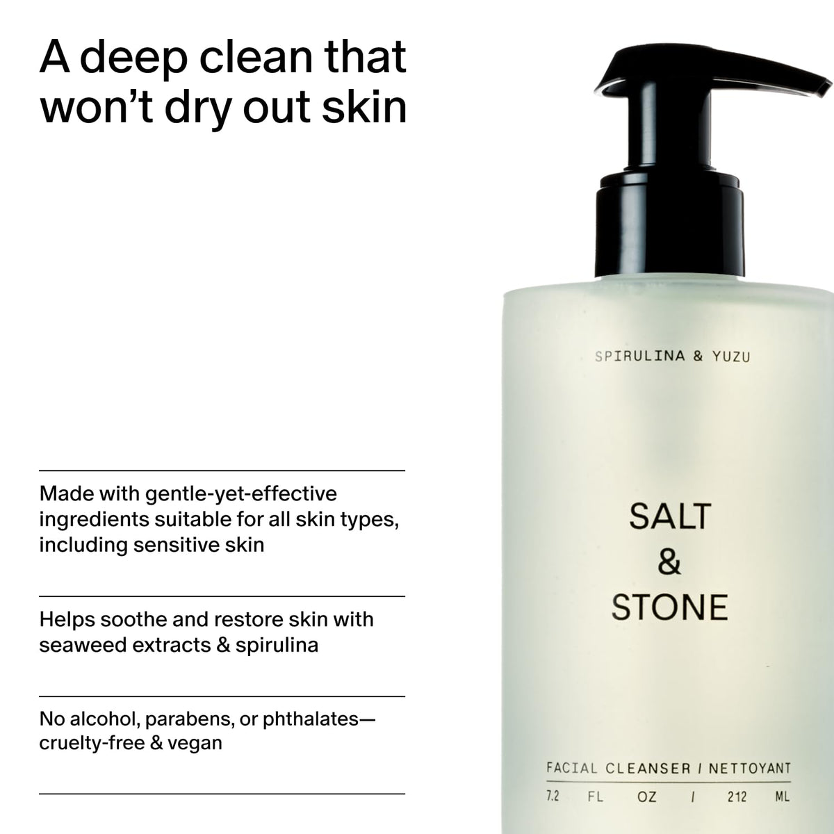 Salt & Stone ingredients label photo showing spirulina, yuzu, hyaluronic acid benefits