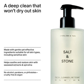 Salt & Stone ingredients label photo showing spirulina, yuzu, hyaluronic acid benefits