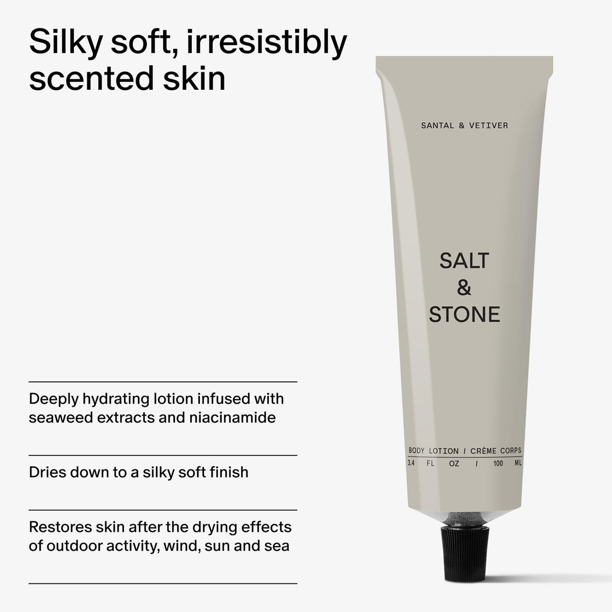 Salt & Stone label close-up showing key ingredients and benefits
