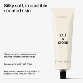Salt & Stone bottle on bathroom shelf projecting everyday lifestyle use