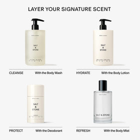 Salt & Stone bottle on bathroom shelf portraying clean routine and invigorating scent