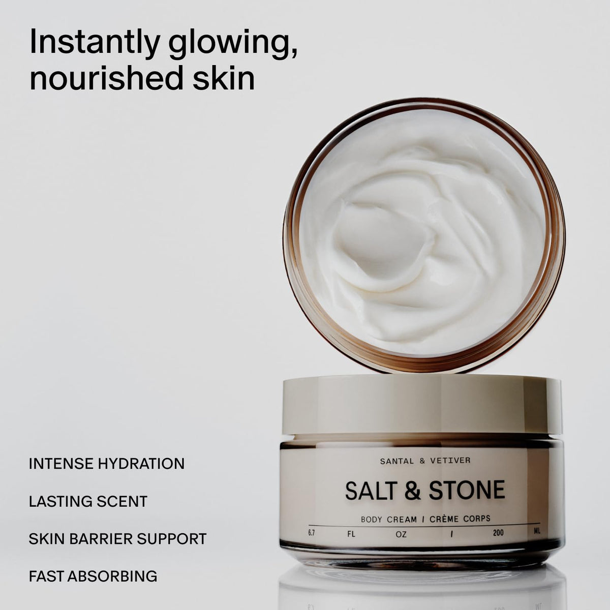 Salt & Stone open jar close-up revealing creamy texture for quick absorption and hydration