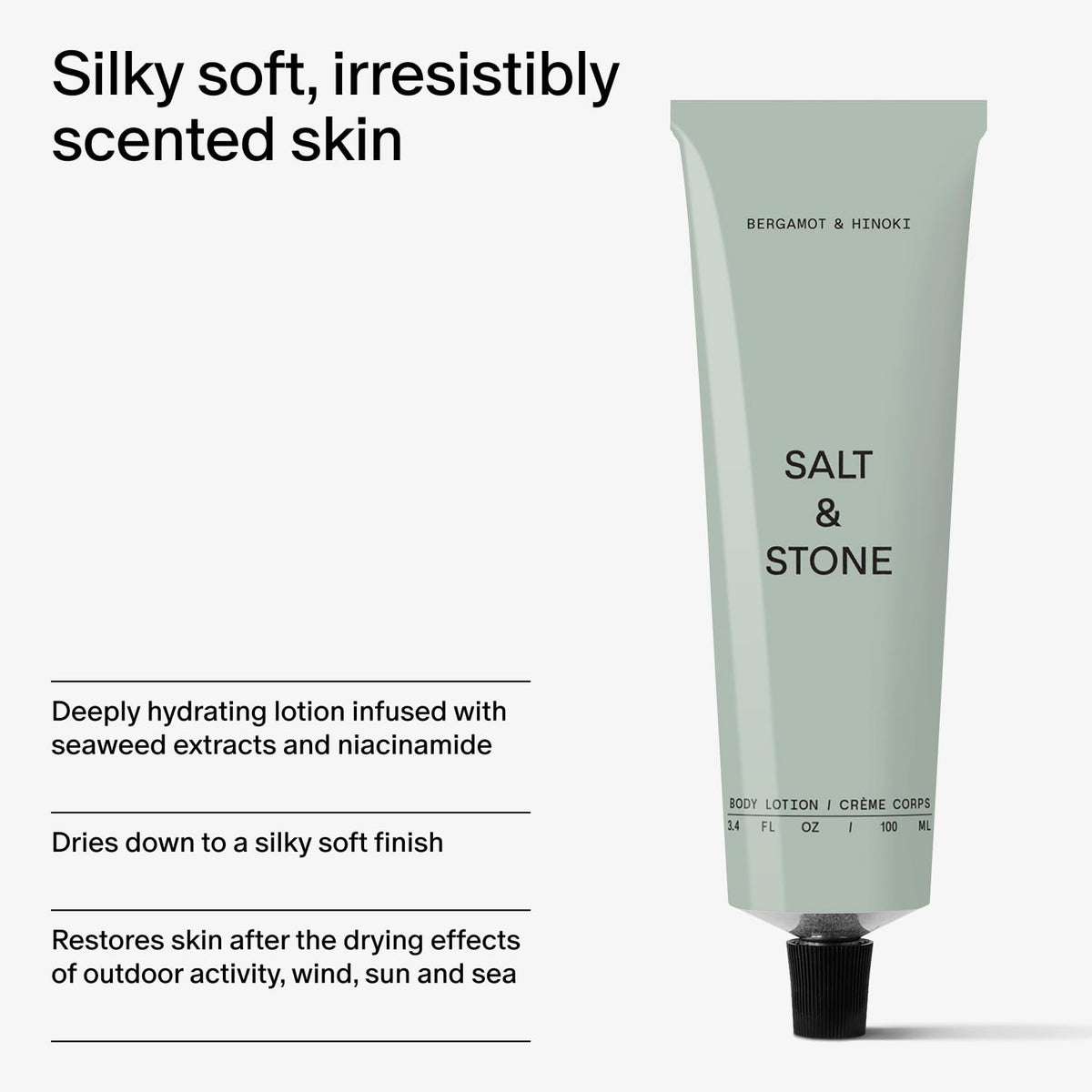 Salt & Stone tube beside a notebook showing 3.4 fl oz travel-ready portability