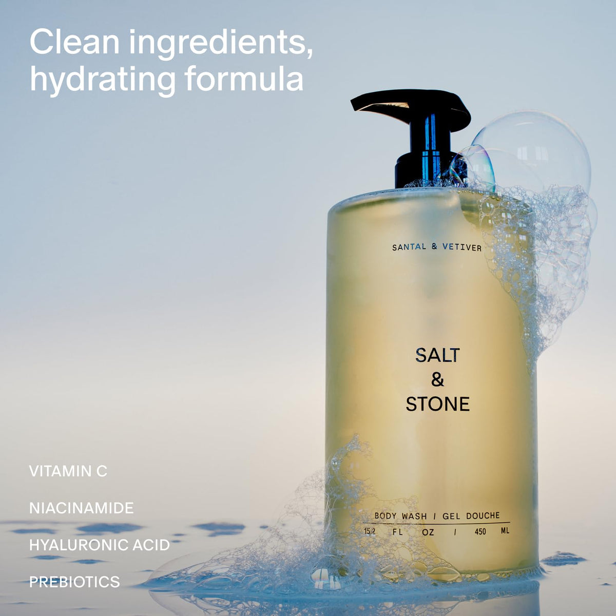 Salt & Stone close-up lather texture demonstrating rich moisturizing foam