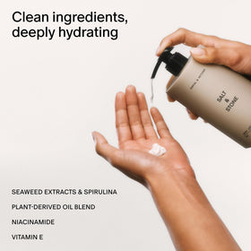 Salt & Stone lotion pouring to show smooth texture and fast-absorbing finish