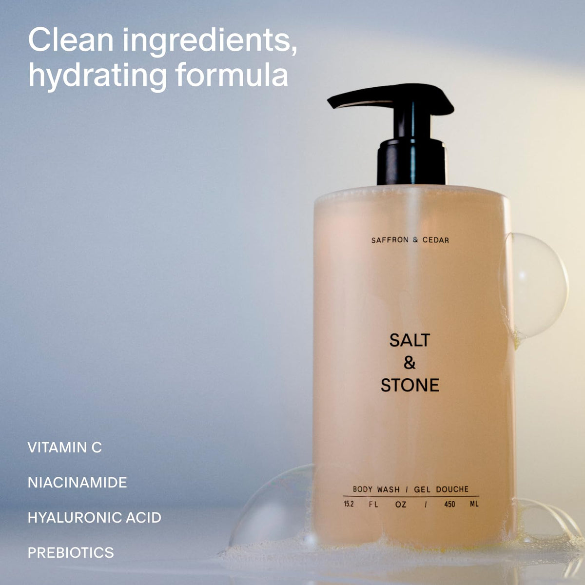 Salt & Stone gel lather close-up showing rich texture and moisturizing effect