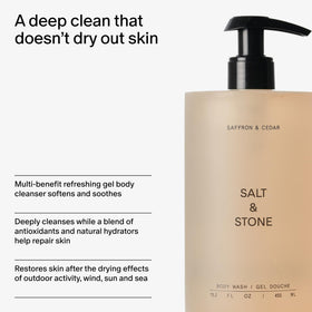 Salt & Stone in-shower lifestyle image showing refreshing use after workout
