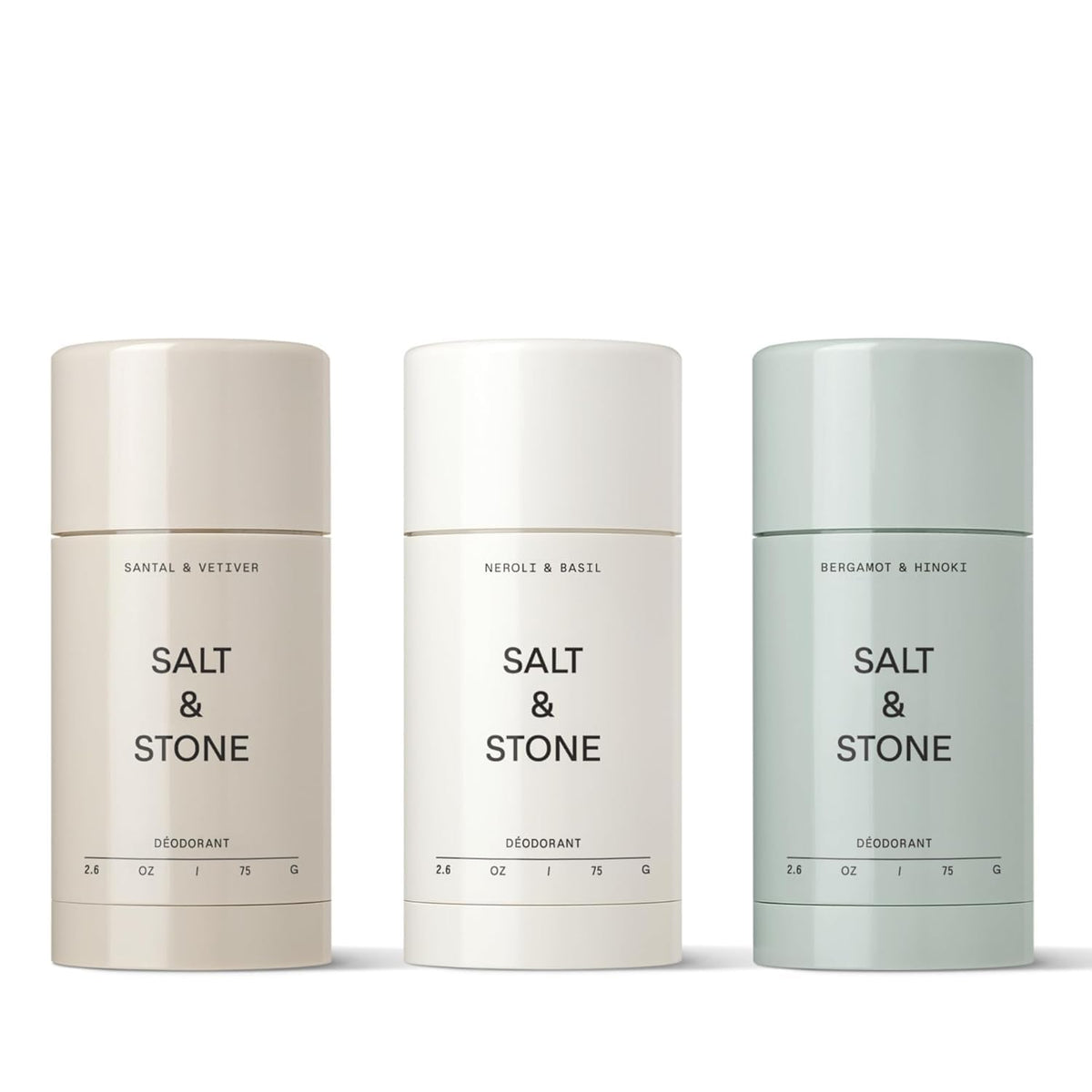 Salt & Stone trio front packaging showing three deodorant sticks and scent labels