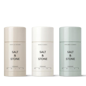 Salt & Stone trio front packaging showing three deodorant sticks and scent labels