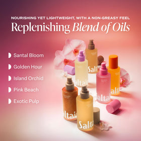 Applying Saltair oil to damp skin after shower highlighting fast hydration and non-greasy feel