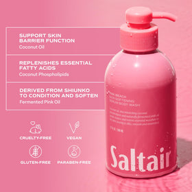 Saltair bottles styled on bathroom shelf implying everyday routine elegance