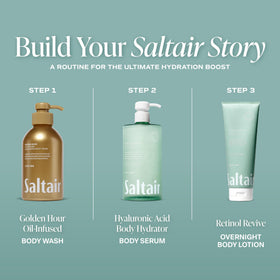 Saltair bottle on bathroom vanity conveying everyday routine convenience