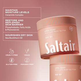 Saltair body butter in bathroom by beach towel evoking tropical escape