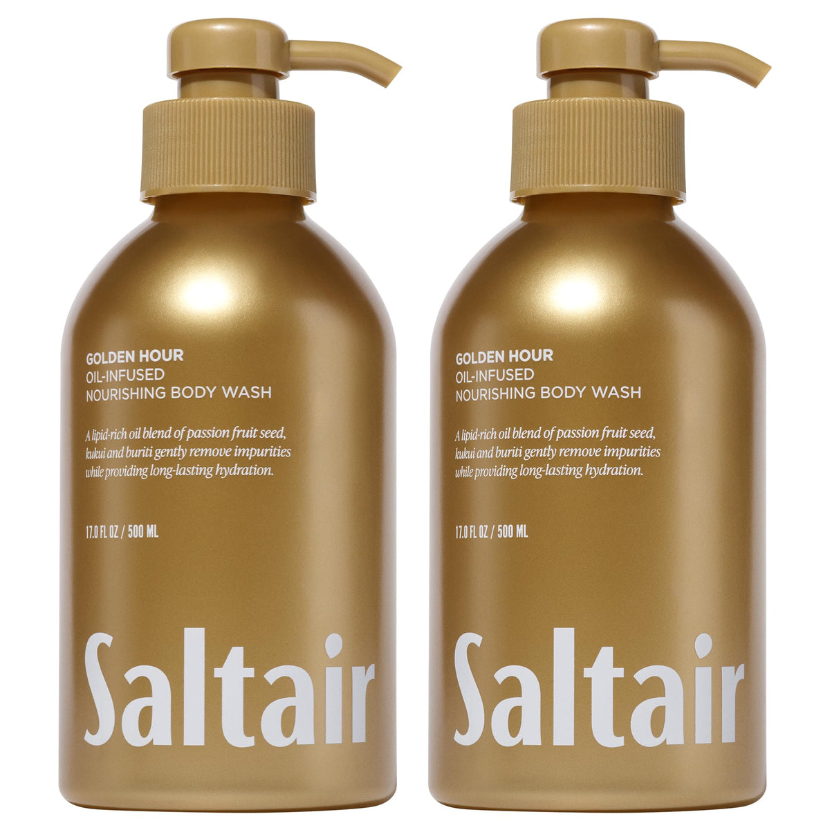 Saltair front pump bottle showing Golden Hour scent and easy dispensing benefit