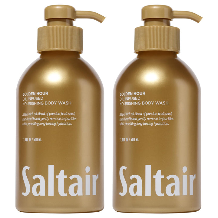 Saltair front pump bottle showing Golden Hour scent and easy dispensing benefit