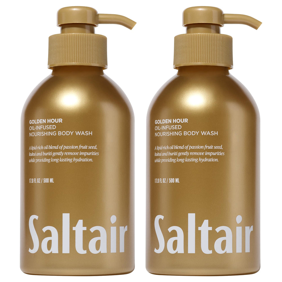 Saltair front pump bottle showing Golden Hour scent and easy dispensing benefit