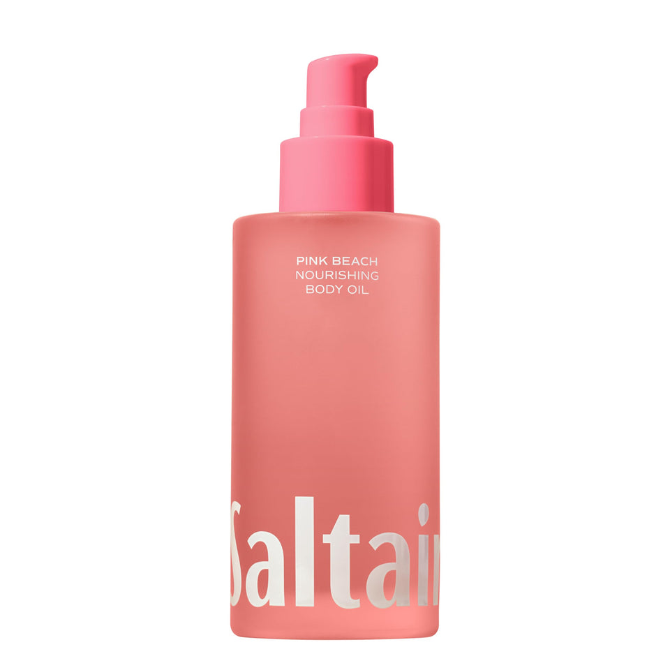 Saltair bottle front showing Pink Beach scent and quick-absorbing benefit