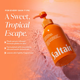 Saltair bottle label close-up showing niacinamide and vitamin C benefits
