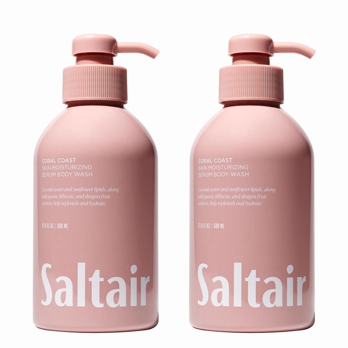 Saltair front packaging showing two Coral Coast pump bottles and bright label benefits