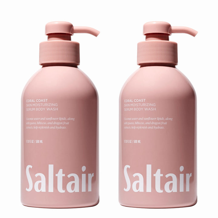 Saltair front packaging showing two Coral Coast pump bottles and bright label benefits