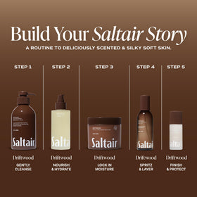 Saltair bottle beside towel in bathroom for after-shower routine