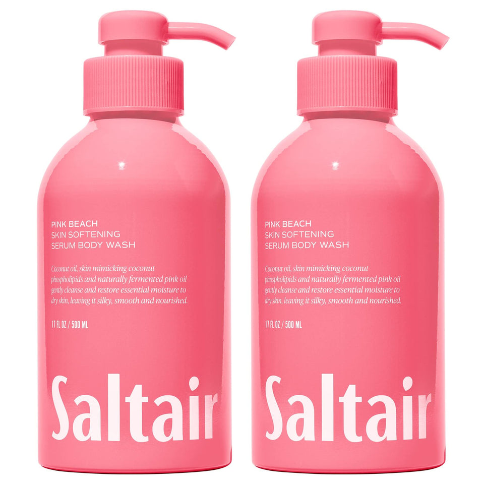 Saltair two-bottle front packaging showing Pink Beach scent and pumps for convenience