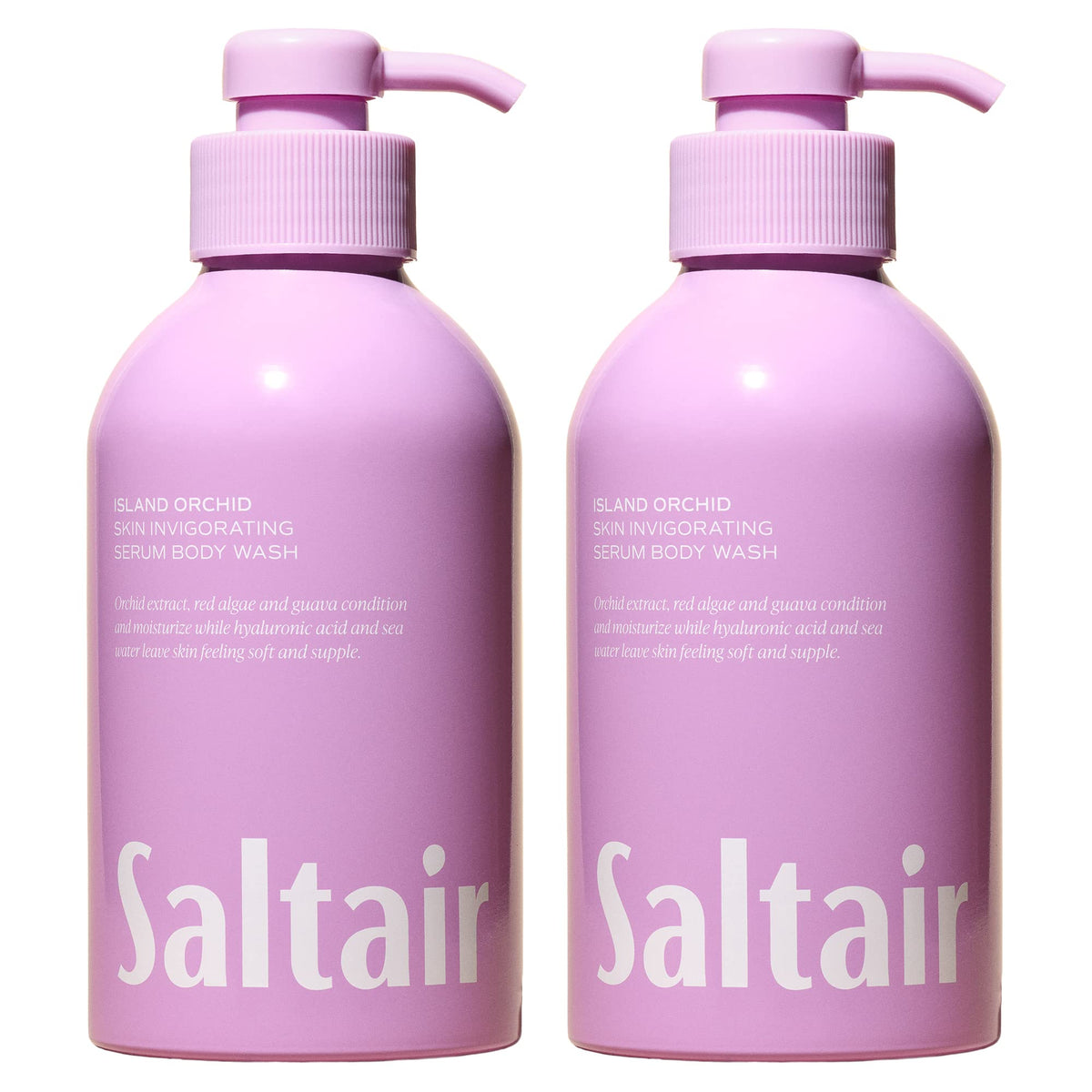Saltair front packaging showing island orchid scent and two bottles benefits