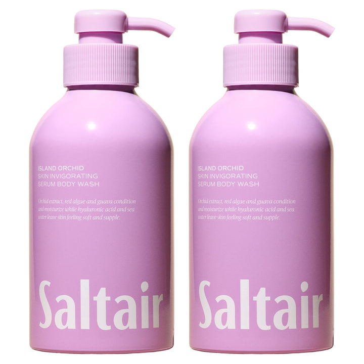 Saltair front packaging showing island orchid scent and two bottles benefits