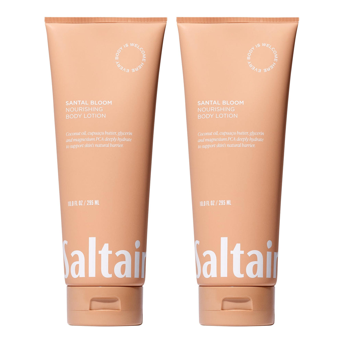 Saltair front packaging showing two 10oz Santal Bloom tubes and clear branding for convenience