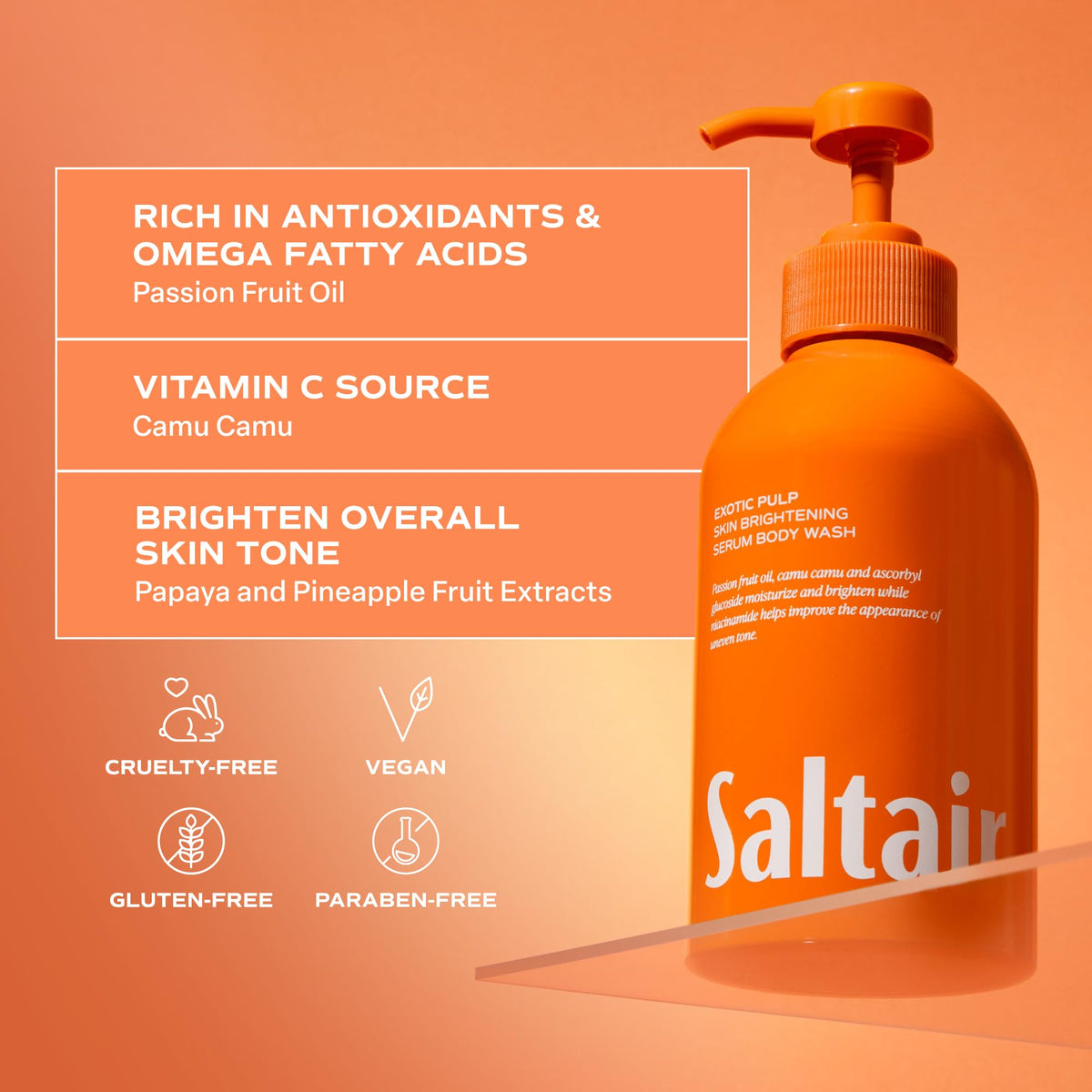 Saltair ingredient list callouts emphasizing vegan cruelty-free formulation benefit