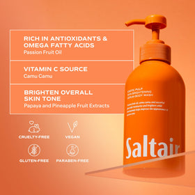 Saltair ingredient list callouts emphasizing vegan cruelty-free formulation benefit