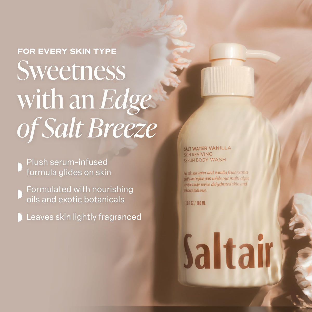 Saltair label highlighting vanilla and sandalwood notes for warm scent