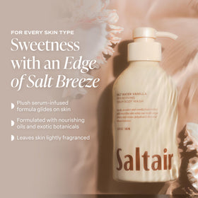 Saltair label highlighting vanilla and sandalwood notes for warm scent
