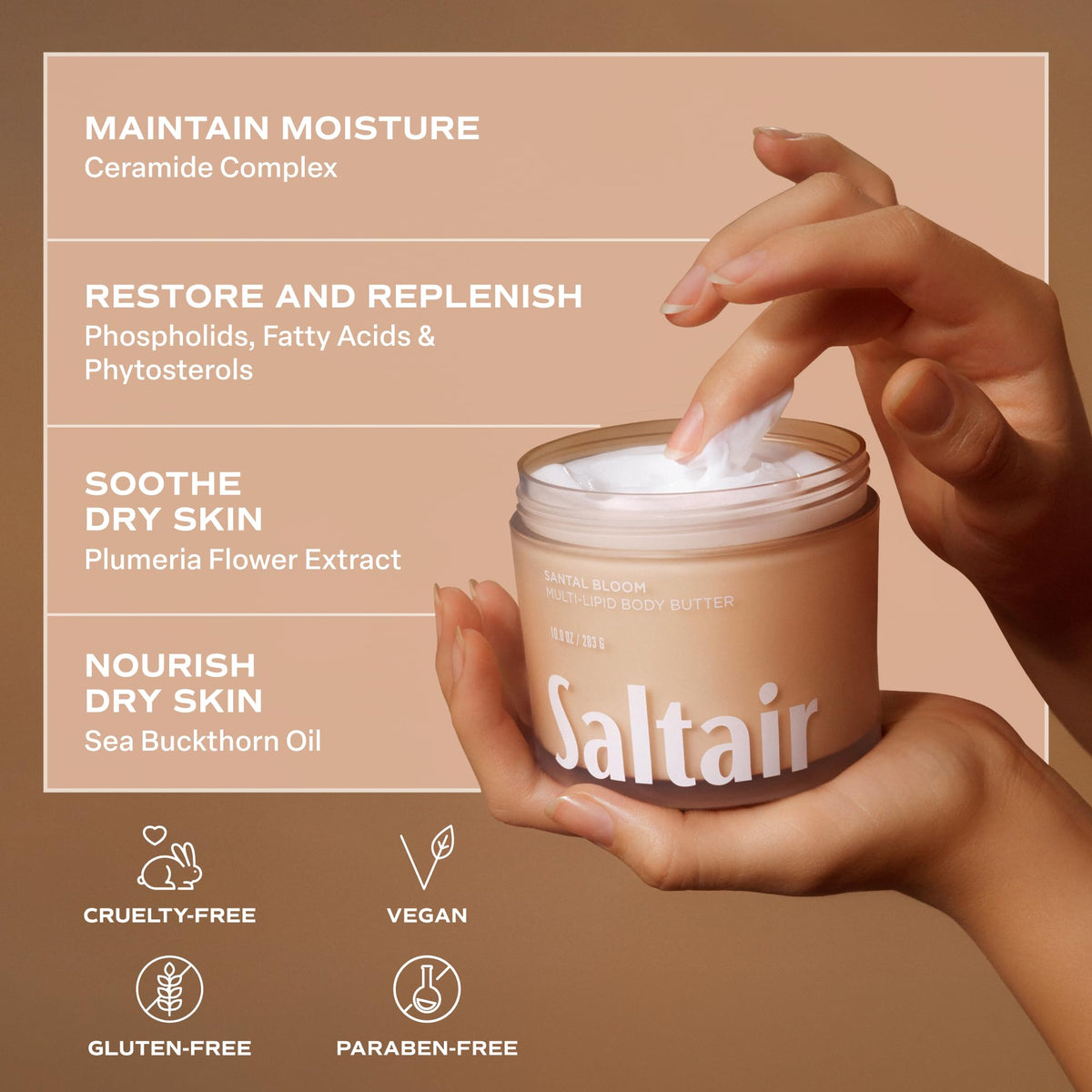 Saltair jar on bathroom vanity in lifestyle scene conveying luxury self-care routine