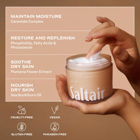Saltair jar on bathroom vanity in lifestyle scene conveying luxury self-care routine