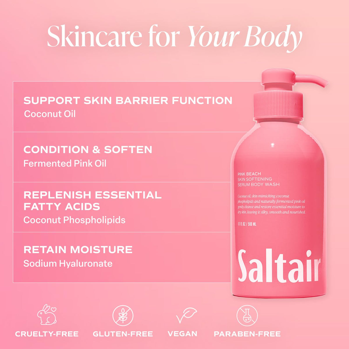 Saltair Pink Beach bottle staged with coastal props for tropical, uplifting scent