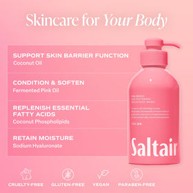 Saltair Pink Beach bottle staged with coastal props for tropical, uplifting scent
