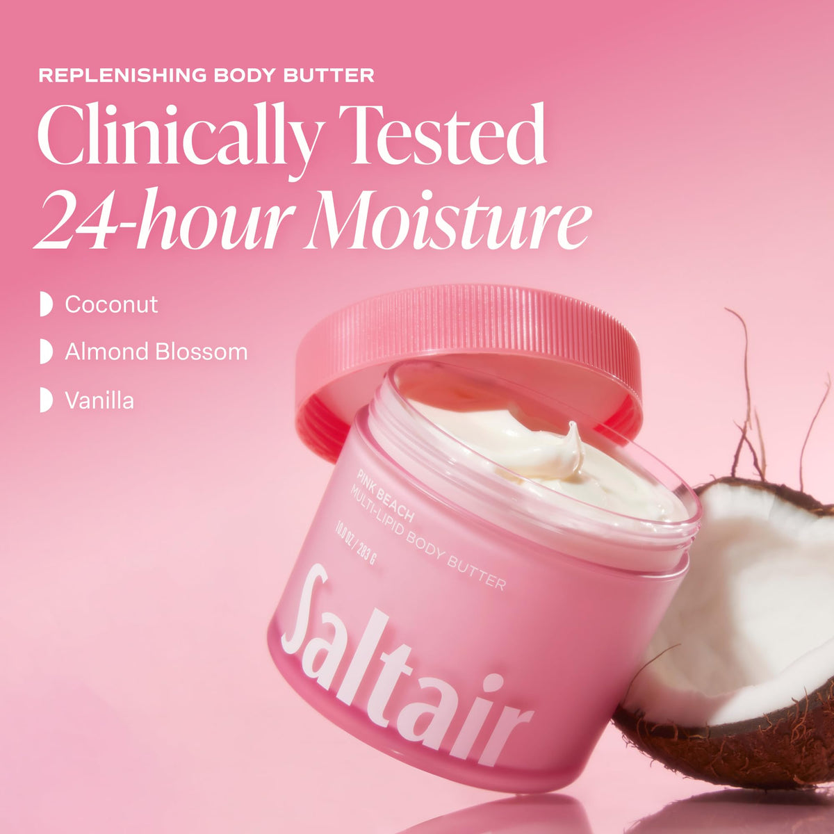 Saltair body butter open showing creamy texture and fast absorption benefit