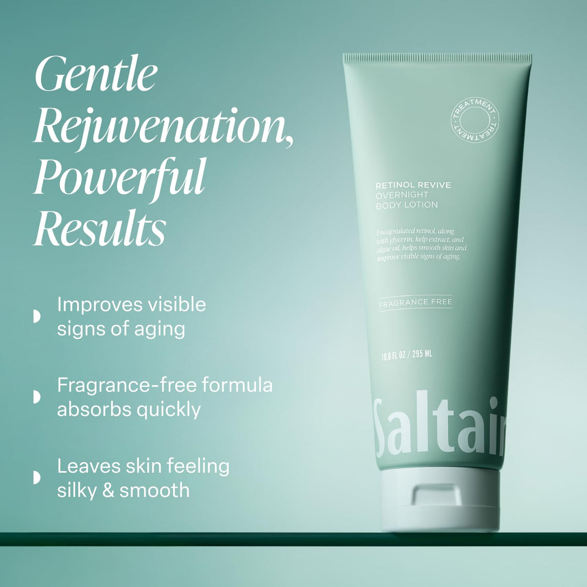 Close-up of Saltair retinol revive lotion texture demonstrating fast-absorbing, hydrating finish