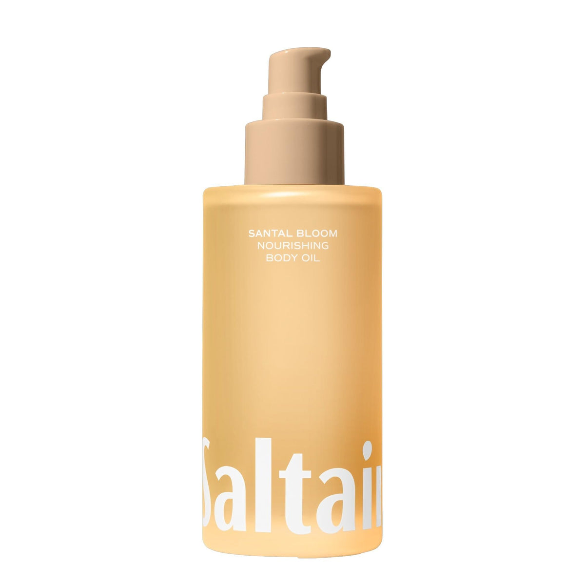 Saltair pump bottle front view showing elegant Santal Bloom packaging and quick application benefit