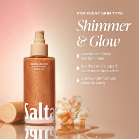 Saltair on shoulders and décolletage in lifestyle shot highlighting luminous skin benefit