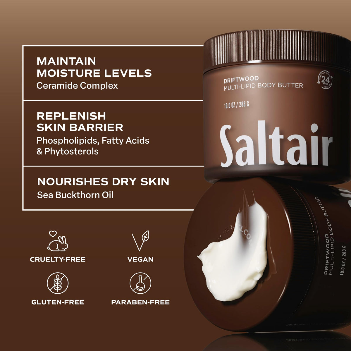 Saltair body butter beside towel in spa setting implying indulgent self-care benefit