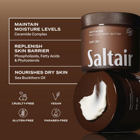 Saltair body butter beside towel in spa setting implying indulgent self-care benefit