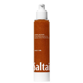 Saltair SPF Body Oil front pump bottle showing compact travel size and elegant packaging