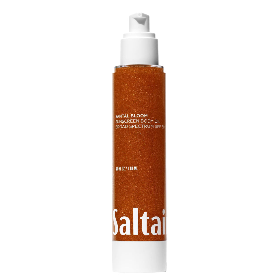 Saltair SPF Body Oil front pump bottle showing compact travel size and elegant packaging