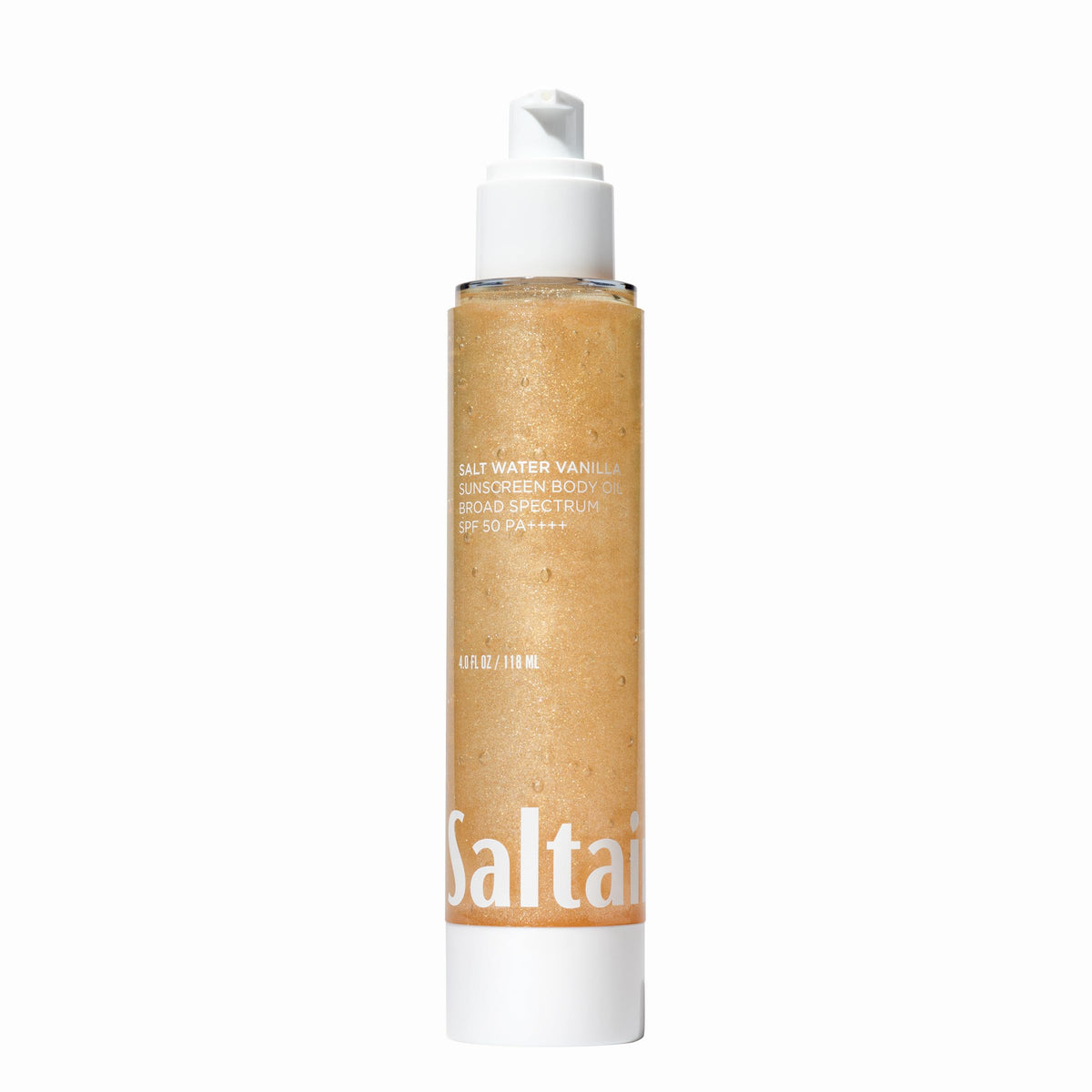 Saltair SPF Body Oil front pump bottle showing easy application and travel-ready size