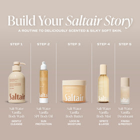 Saltair label close-up highlighting SPF 50 PA++++ protection and clean ingredients
