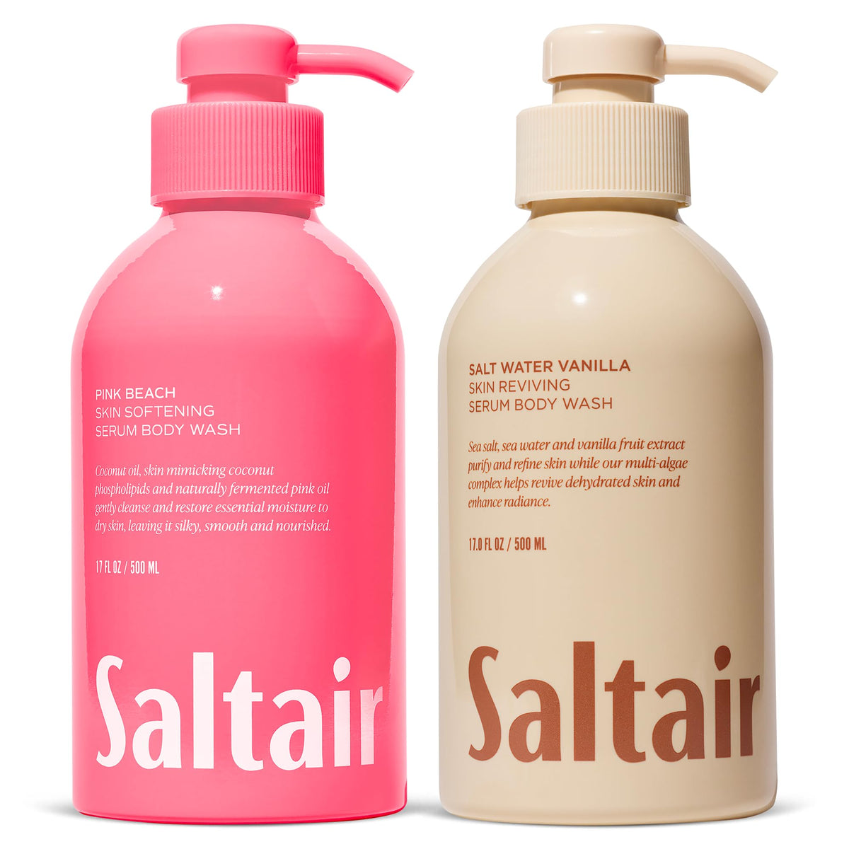 Saltair front packaging showing two 17oz bottles with vanilla coconut scent and hydrating benefits